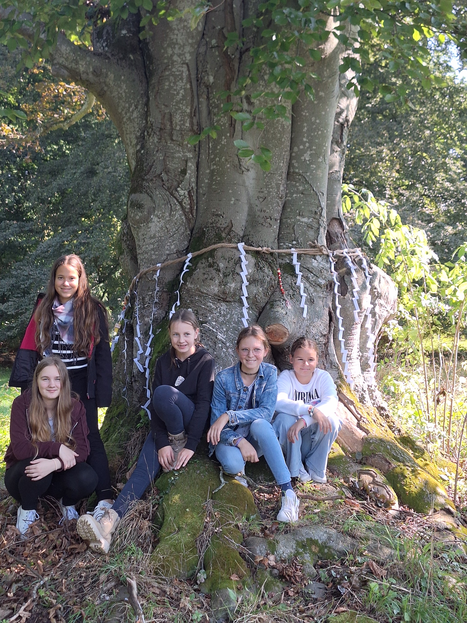 Schülerinnen der Mittelschule Ober-Grafendorf vor einer von ihnen geschmückten Buche