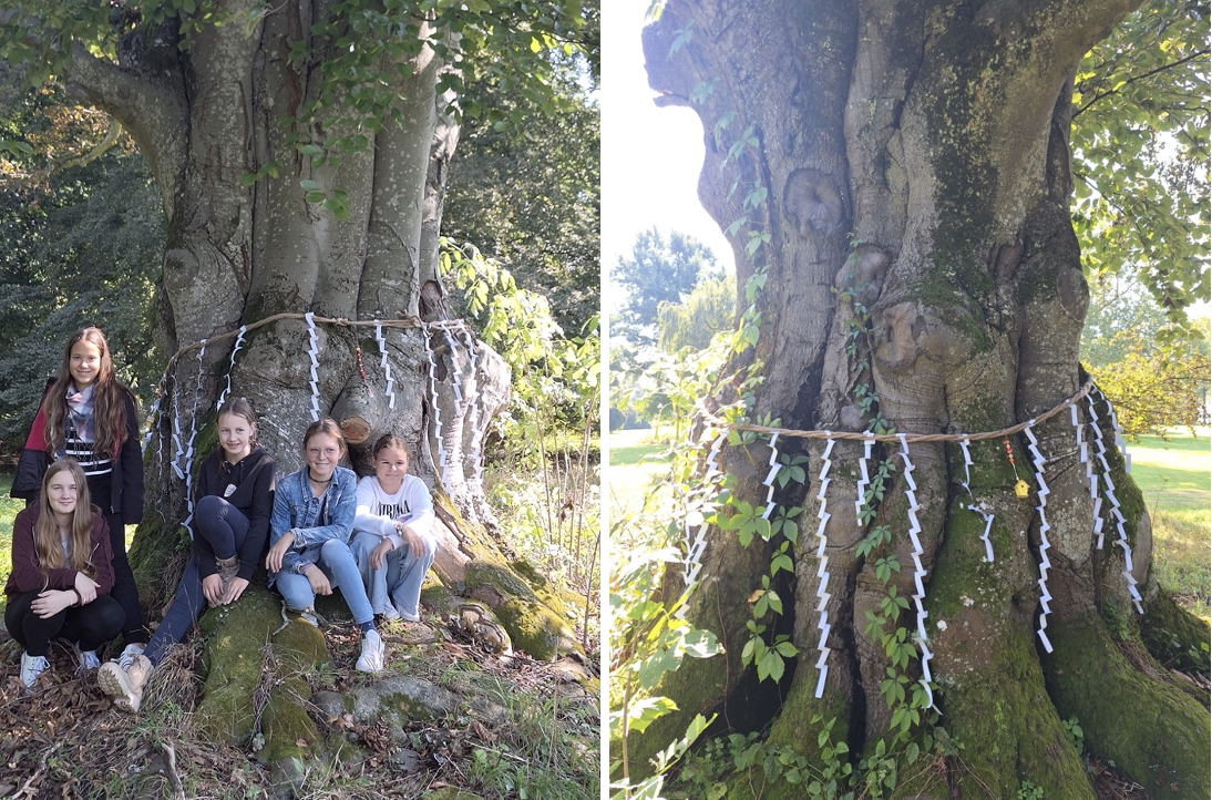 Pupils from Ober-Grafendorf secondary school in front of a beech tree they decorated